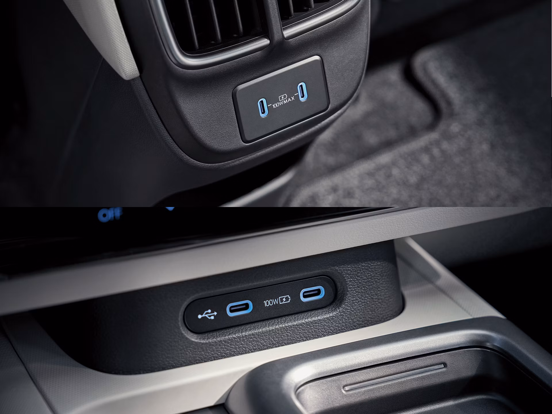 USB-C priključci u prvom i drugom redu sjedala u modelu Hyundai IONIQ 6.